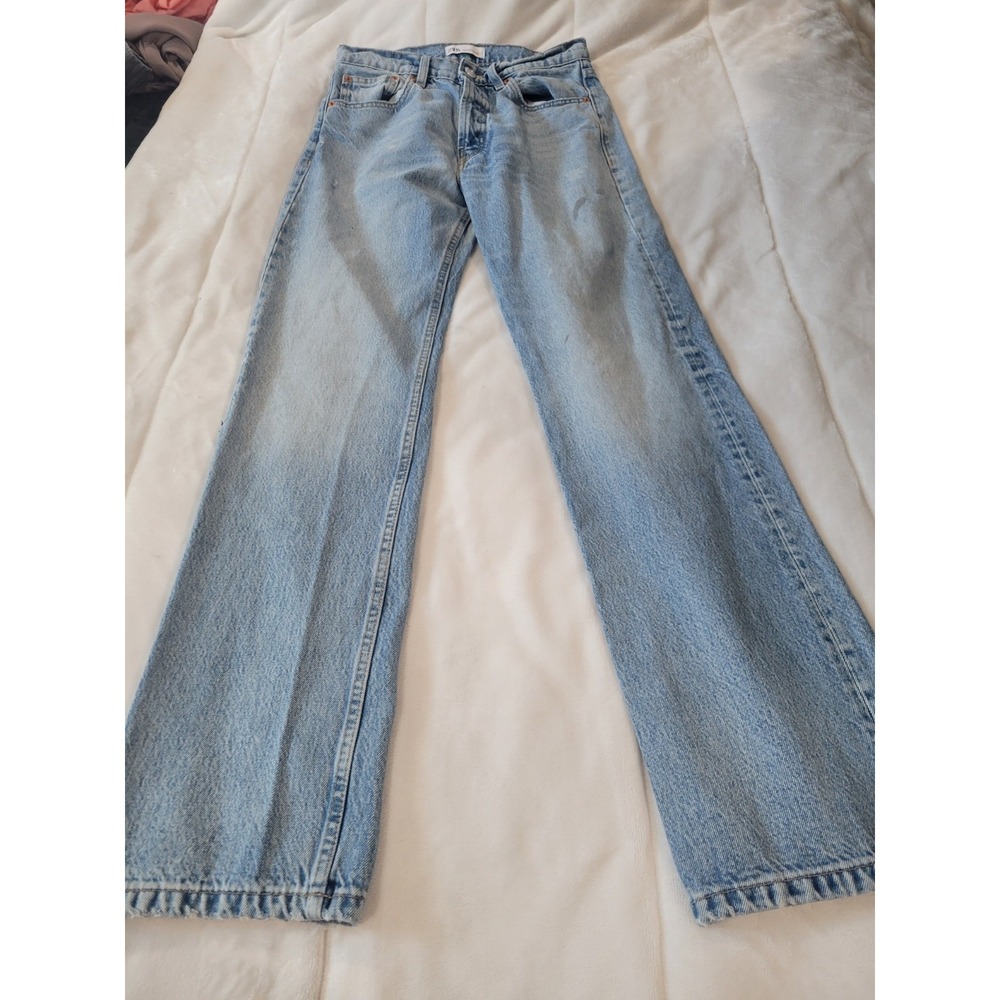 ZARA Light Wash Relaxed Fit 100% Cotton High Rise Straight Leg Jeans US 2 Tall
